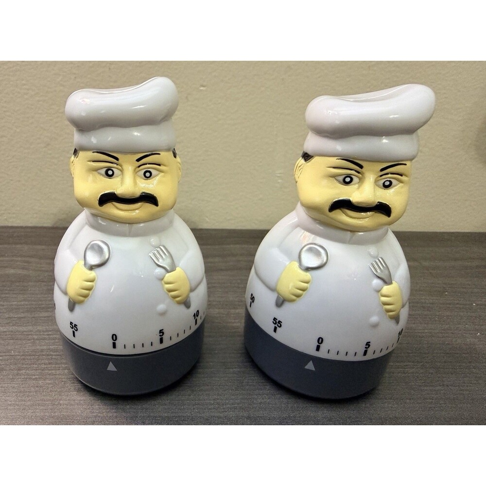 Chef Kitchen Timer Set of 2 Mechanical 60 Minute Cooking Baking Novelty 4" Tall